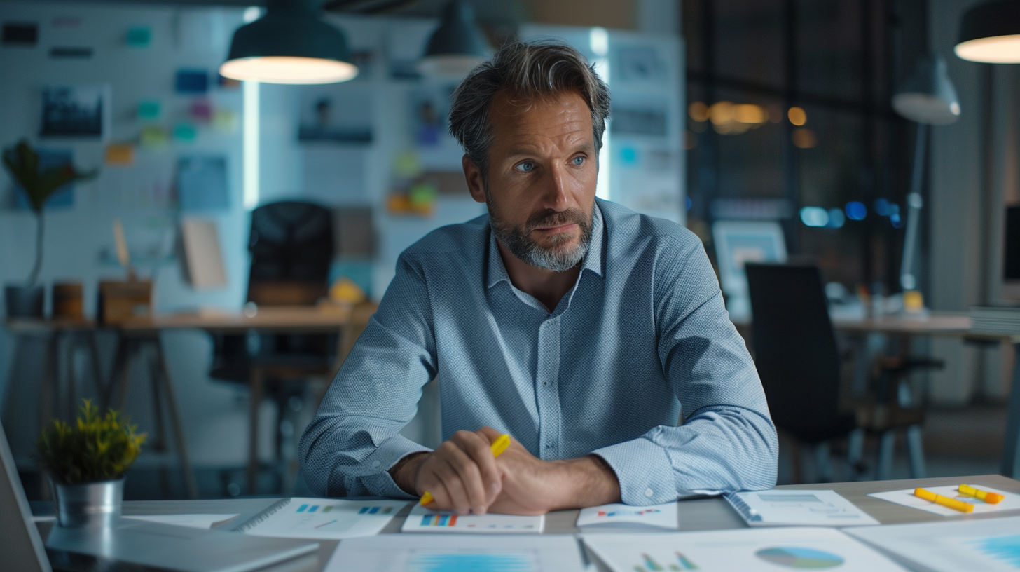 A photorealistic image of an IT consultant attentively listening to a client in a modern office, with notes and diagrams spread on the table.