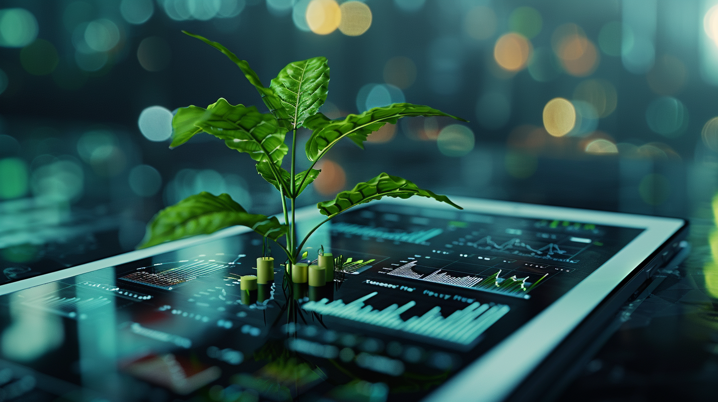 A photorealistic image of a lush, green plant growing out of a tablet screen, with financial graphs and B2B marketing data displayed on the screen